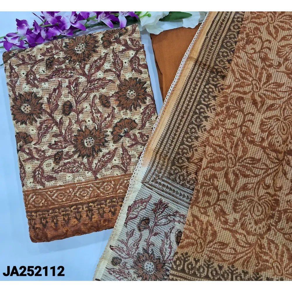 CODE JA252112: Beige &honey brown block printed fancy super net unstitched salwar material(netted fabric lining