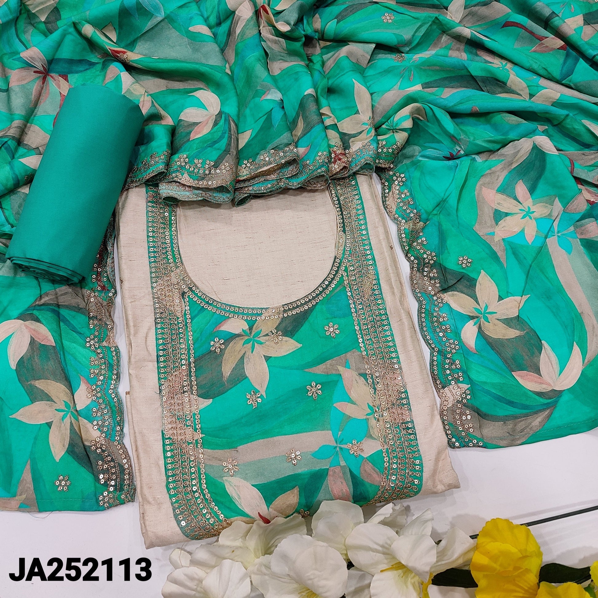 CODE JA252113: Rich beige raw silk unstitched salwar material zari& sequins work on yoke& front(lining needed)turquoise