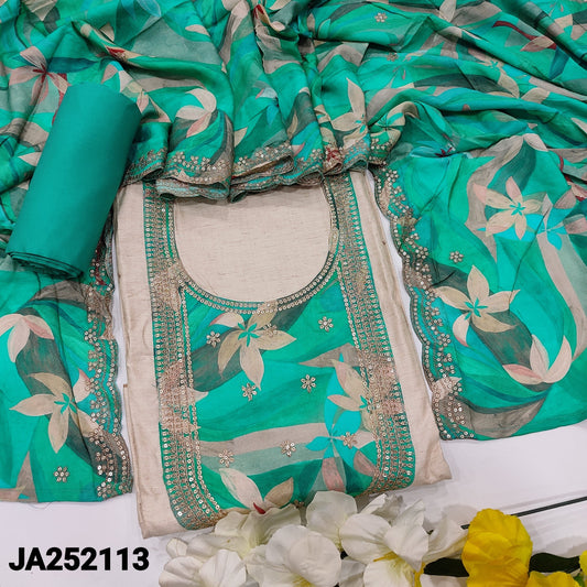 CODE JA252113: Rich beige raw silk unstitched salwar material zari& sequins work on yoke& front(lining needed)turquoise