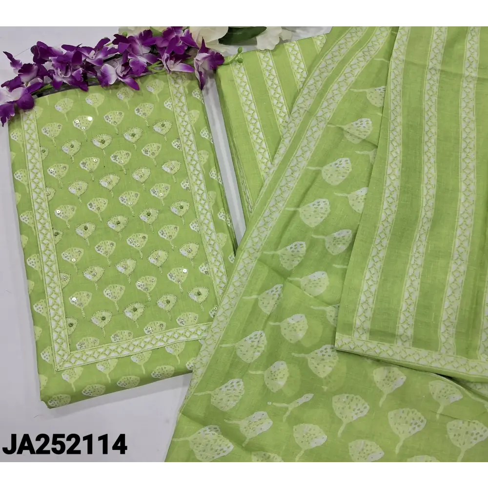 CODE JA252114: Pastel green printed soft cotton unstitched salwar material zari& sequins work on yoke(thin fabric