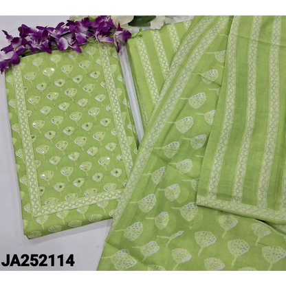 CODE JA252114: Pastel green printed soft cotton unstitched salwar material zari& sequins work on yoke(thin fabric