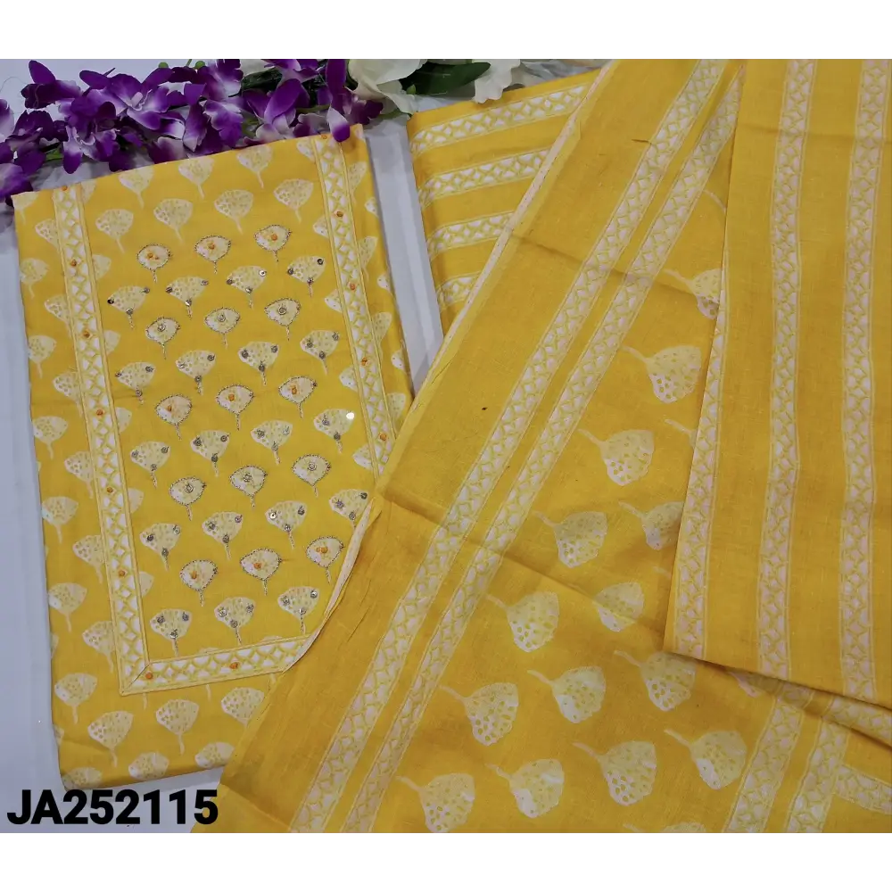 CODE JA252115: Yellow printed soft cotton unstitched salwar material zari& sequins work on yoke(thin fabric lining
