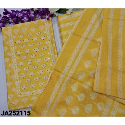 CODE JA252115: Yellow printed soft cotton unstitched salwar material zari& sequins work on yoke(thin fabric lining