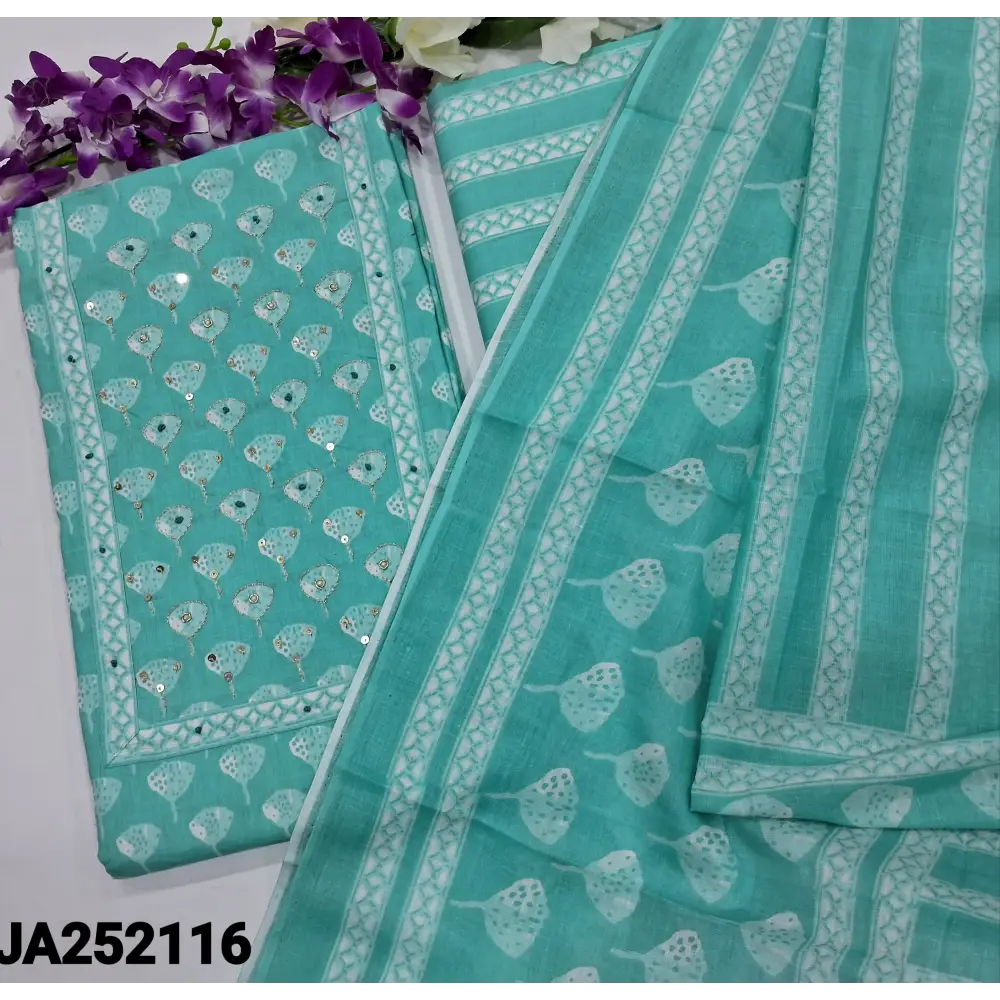 CODE JA252116: Pastel blue printed soft cotton unstitched salwar material zari& sequins work on yoke(thin fabric lining
