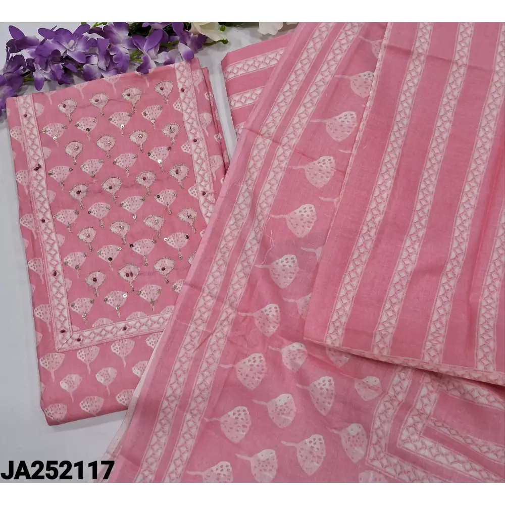 CODE JA252117: Pink printed soft cotton unstitched salwar material zari& sequins work on yoke(thin fabric lining