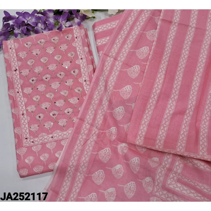 CODE JA252117: Pink printed soft cotton unstitched salwar material zari& sequins work on yoke(thin fabric lining