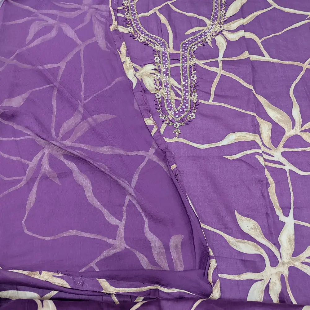 CODE JA252118: Purple printed satin cotton unstitched salwar material bead& faux mirror work on yoke(lining