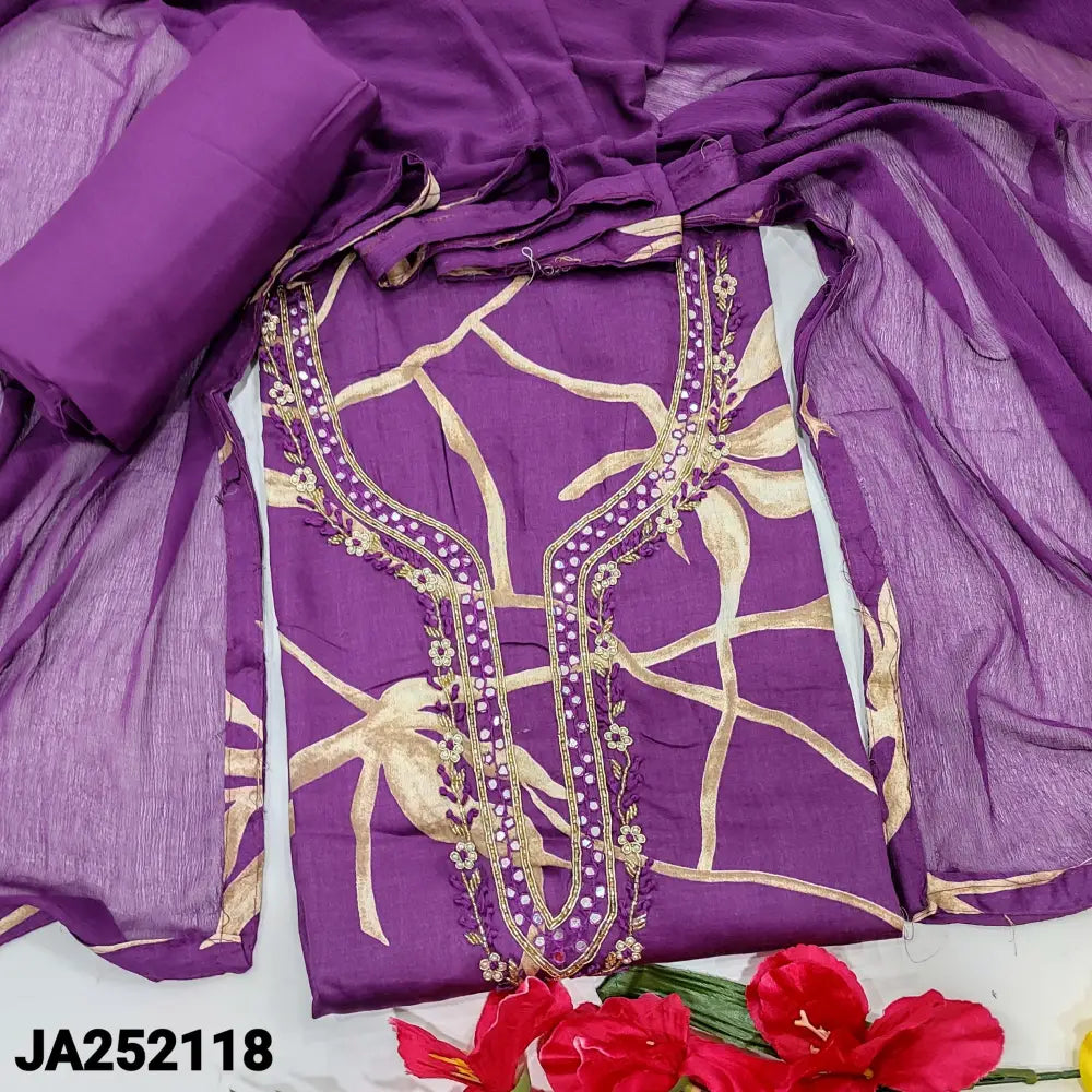 CODE JA252118: Purple printed satin cotton unstitched salwar material bead& faux mirror work on yoke(lining