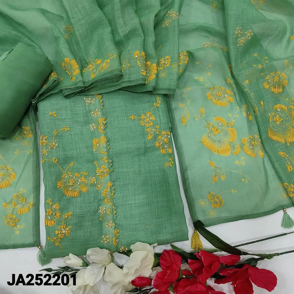 CODE JA252201: Pastel green premium linen unstitched salwar material embroidered on yoke& front(thin fabric lining