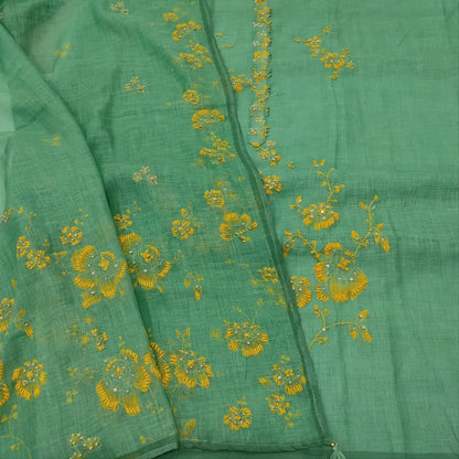 CODE JA252201: Pastel green premium linen unstitched salwar material embroidered on yoke& front(thin fabric lining