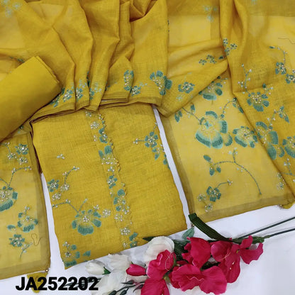 CODE JA252202: Bright mehandhi yellow premium linen unstitched salwar material embroidered on yoke& front(thin fabric