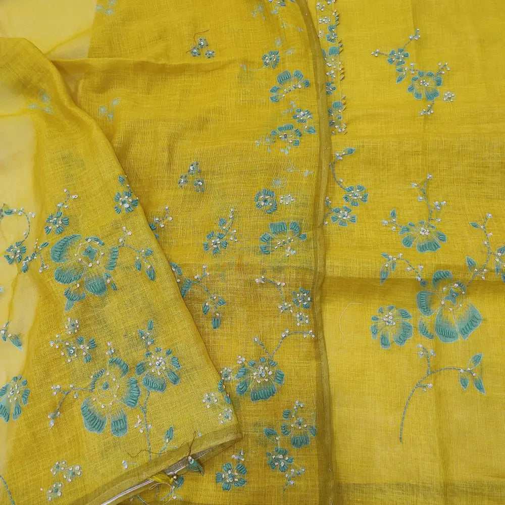 CODE JA252202: Bright mehandhi yellow premium linen unstitched salwar material embroidered on yoke& front(thin fabric
