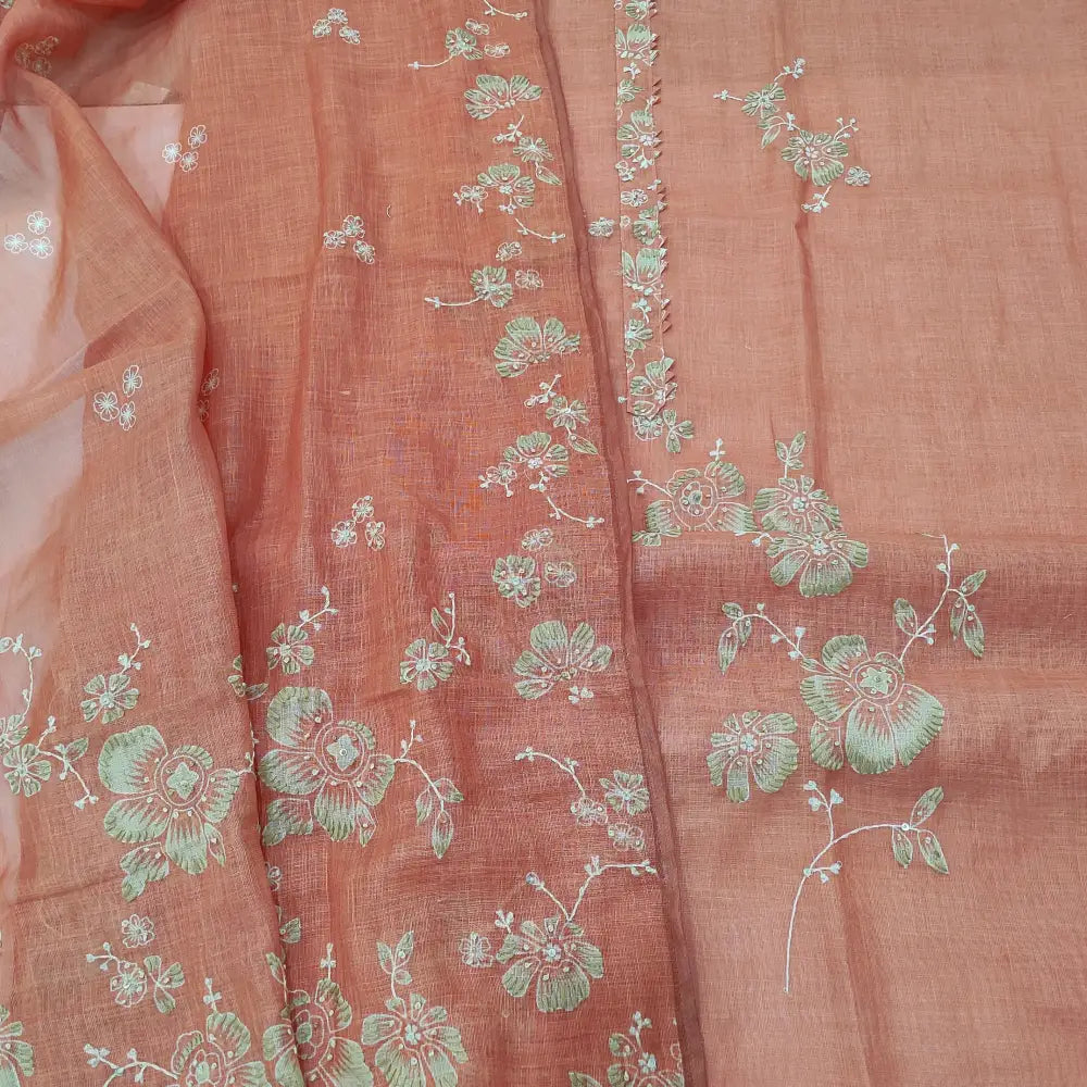 CODE JA252203: Peachish pink premium linen unstitched salwar material embroidered on yoke& front(thin fabric lining