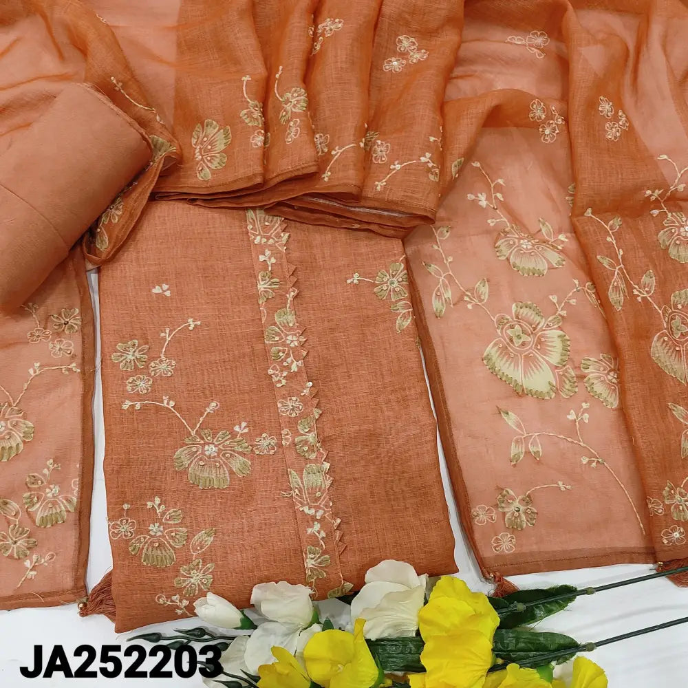 CODE JA252203: Peachish pink premium linen unstitched salwar material embroidered on yoke& front(thin fabric lining