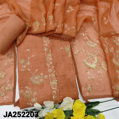 CODE JA252203: Peachish pink premium linen unstitched salwar material embroidered on yoke& front(thin fabric lining