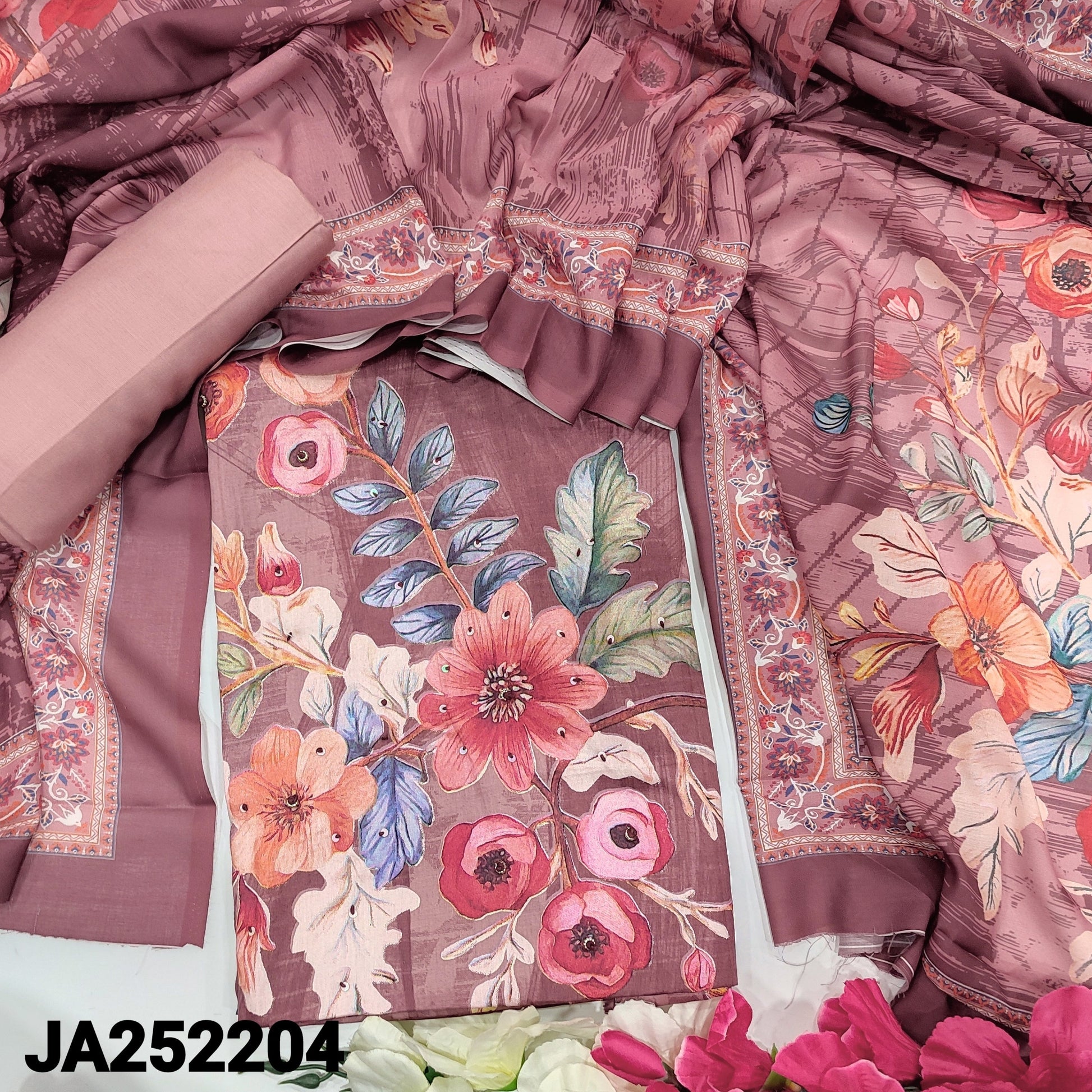 CODE JA252204: Dark onion pink floral printed satin cotton unstitched salwar material(lining optional)matching spun