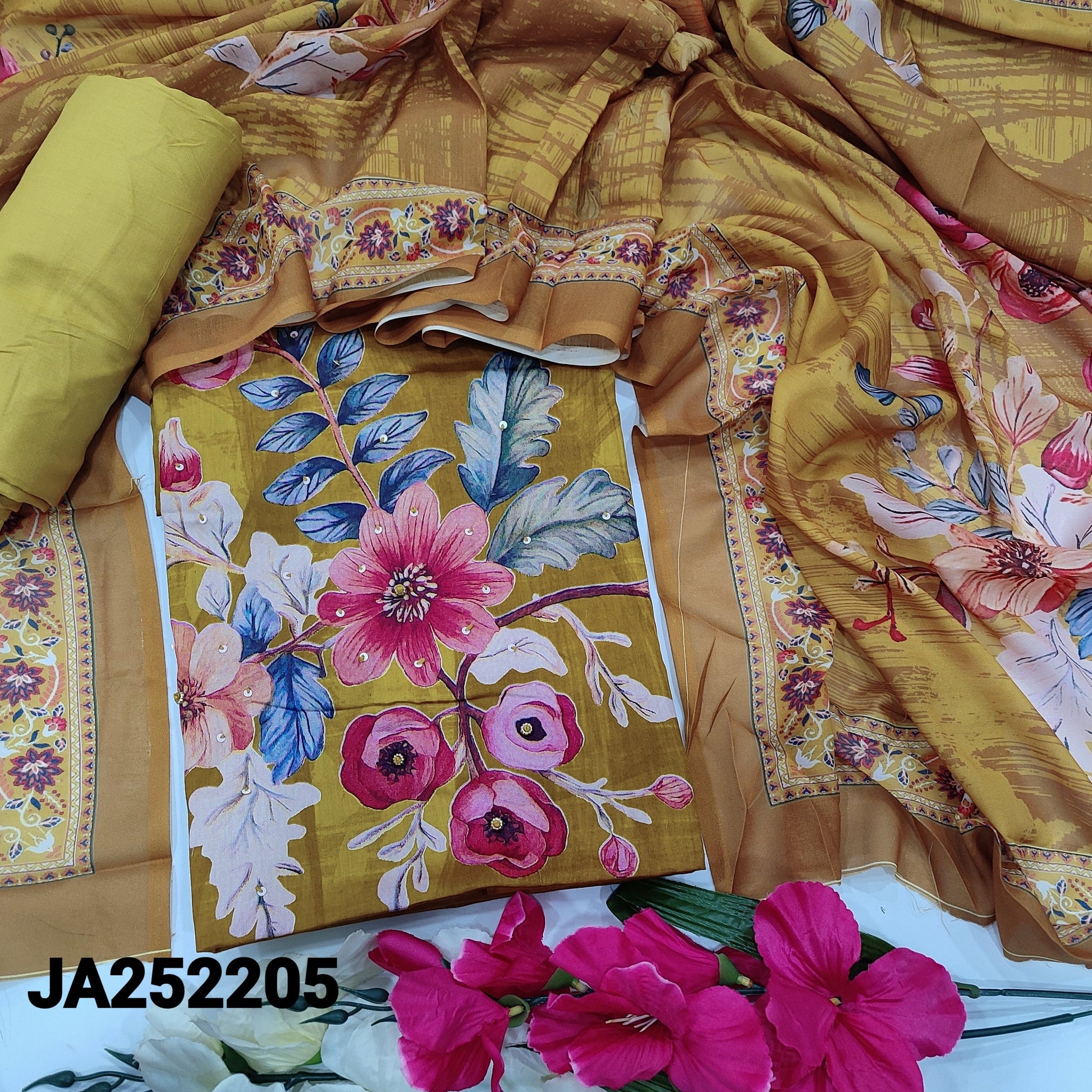 CODE JA252205: Bright mehandhi yellow floral printed satin cotton unstitched salwar material(lining optional)matching