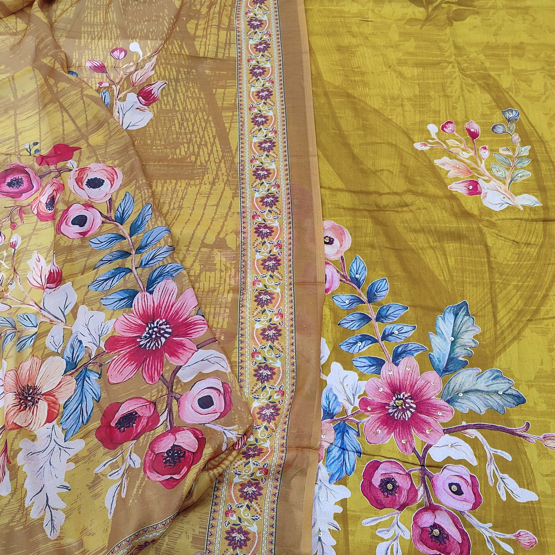 CODE JA252205: Bright mehandhi yellow floral printed satin cotton unstitched salwar material(lining optional)matching