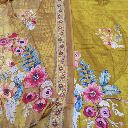CODE JA252205: Bright mehandhi yellow floral printed satin cotton unstitched salwar material(lining optional)matching
