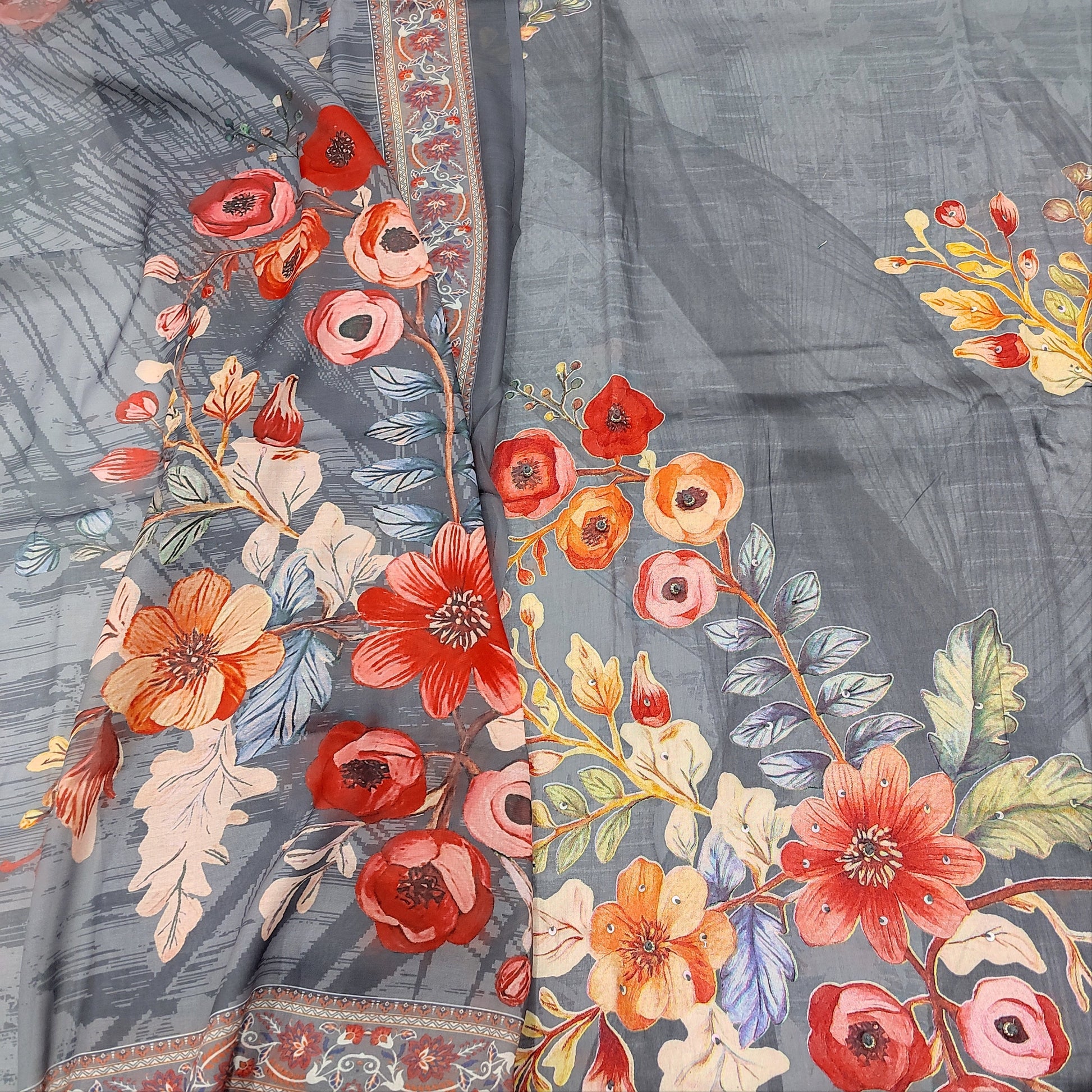 CODE JA252206: Grey floral printed satin cotton unstitched salwar material(lining optional)matching spun cotton bottom