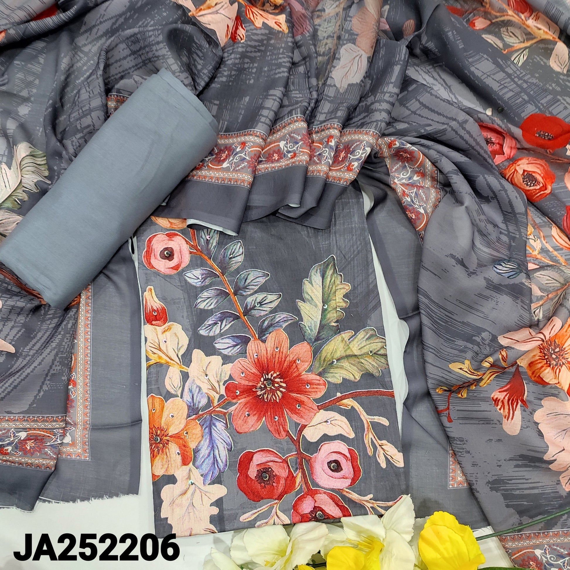 CODE JA252206: Grey floral printed satin cotton unstitched salwar material(lining optional)matching spun cotton bottom