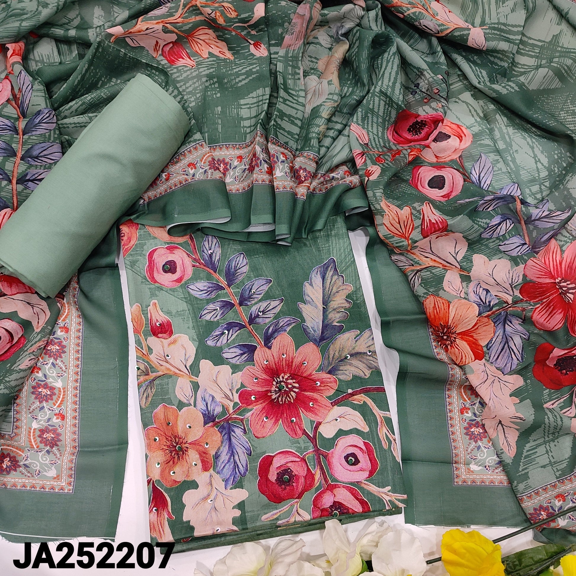 CODE JA252207: Pastel green floral printed satin cotton unstitched salwar material(lining optional)matching spun cotton