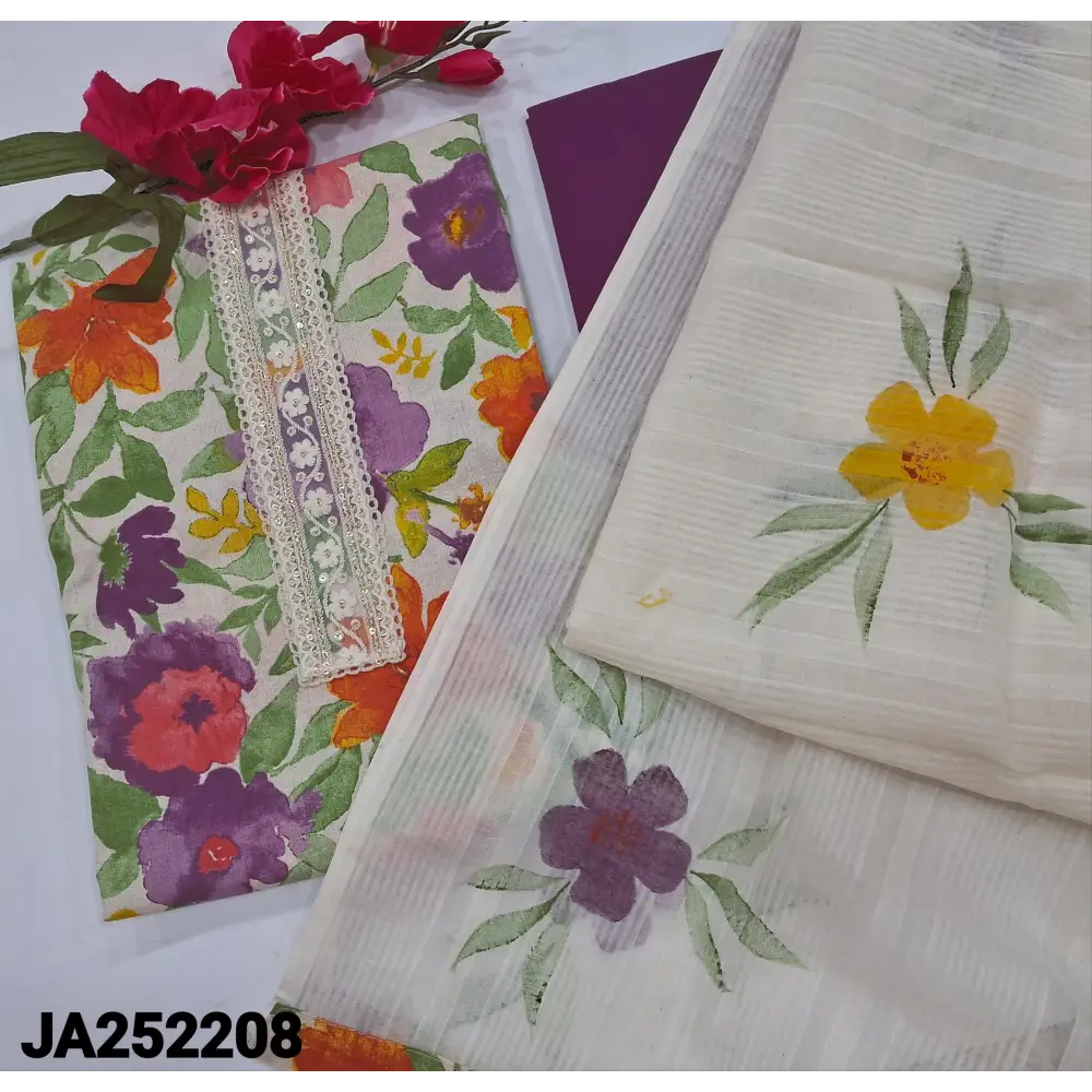 CODE JA252208: Half white base multi color floral printed pure cotton unstitched salwar material lace& sequins work