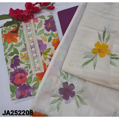 CODE JA252208: Half white base multi color floral printed pure cotton unstitched salwar material lace& sequins work