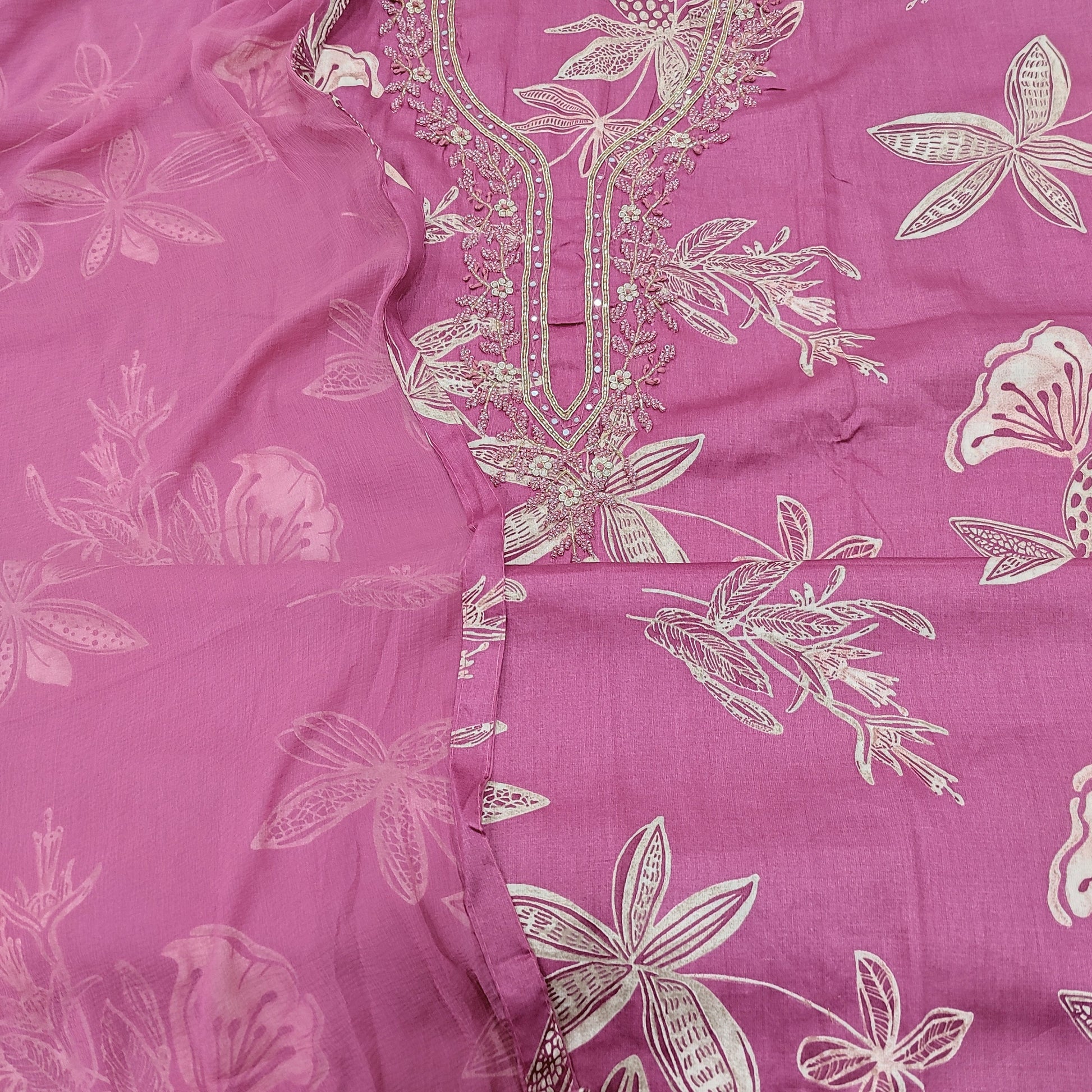 CODE JA252209: Dark pink floral printed satin cotton unstitched salwar material bead& zardozi work on yoke(lining