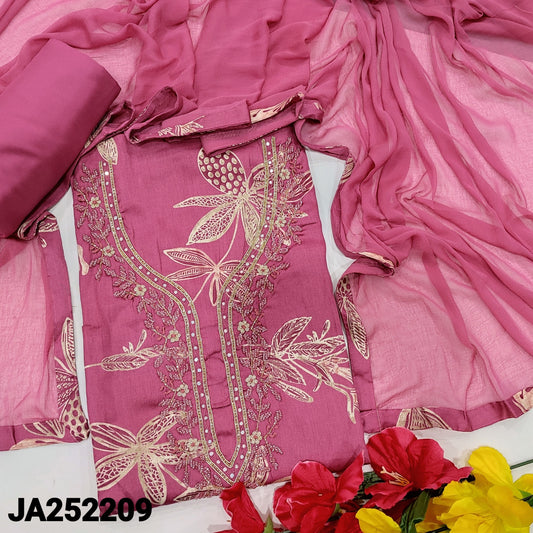 CODE JA252209: Dark pink floral printed satin cotton unstitched salwar material bead& zardozi work on yoke(lining