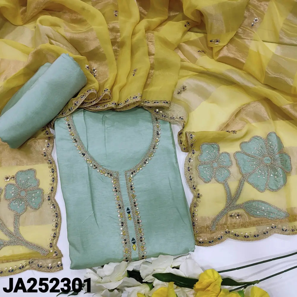 CODE JA252301: Pastel blue premium dola silk unstitched salwar material zari sequins& real mirror work on yoke(shiny