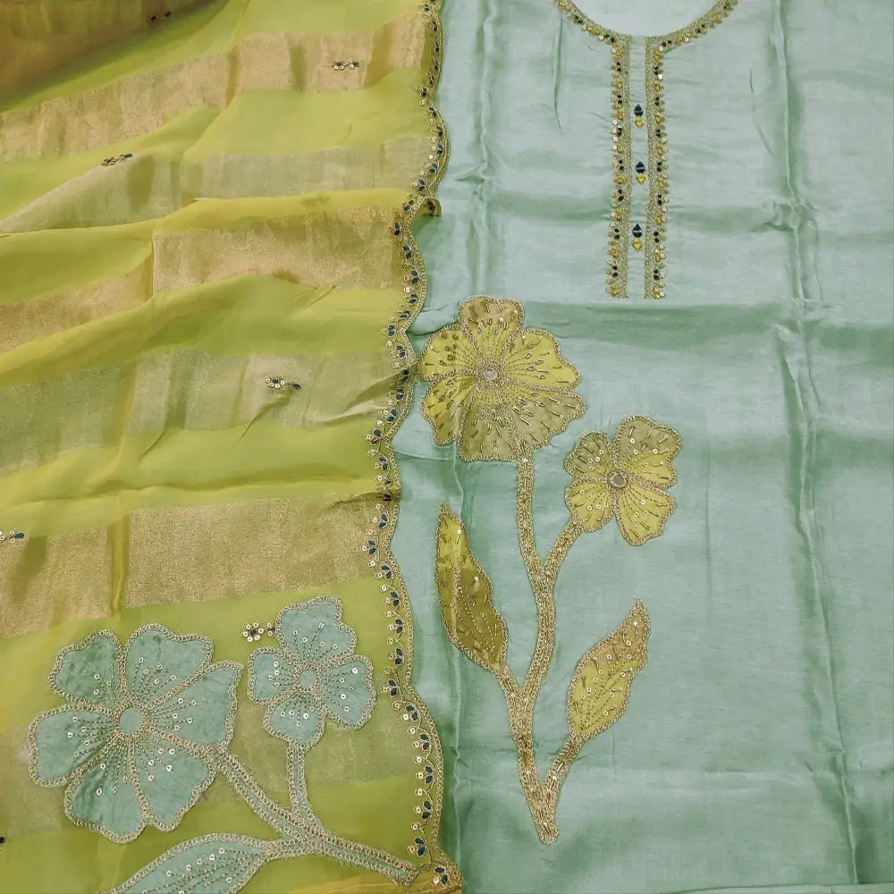 CODE JA252301: Pastel blue premium dola silk unstitched salwar material zari sequins& real mirror work on yoke(shiny