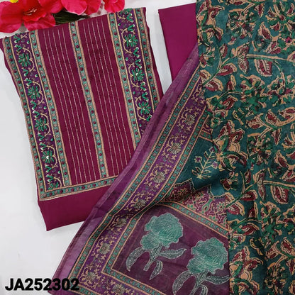 CODE JA252302: Bright beetroot purple premium silk cotton unstitched salwar material zari& sequins work on yoke(lining