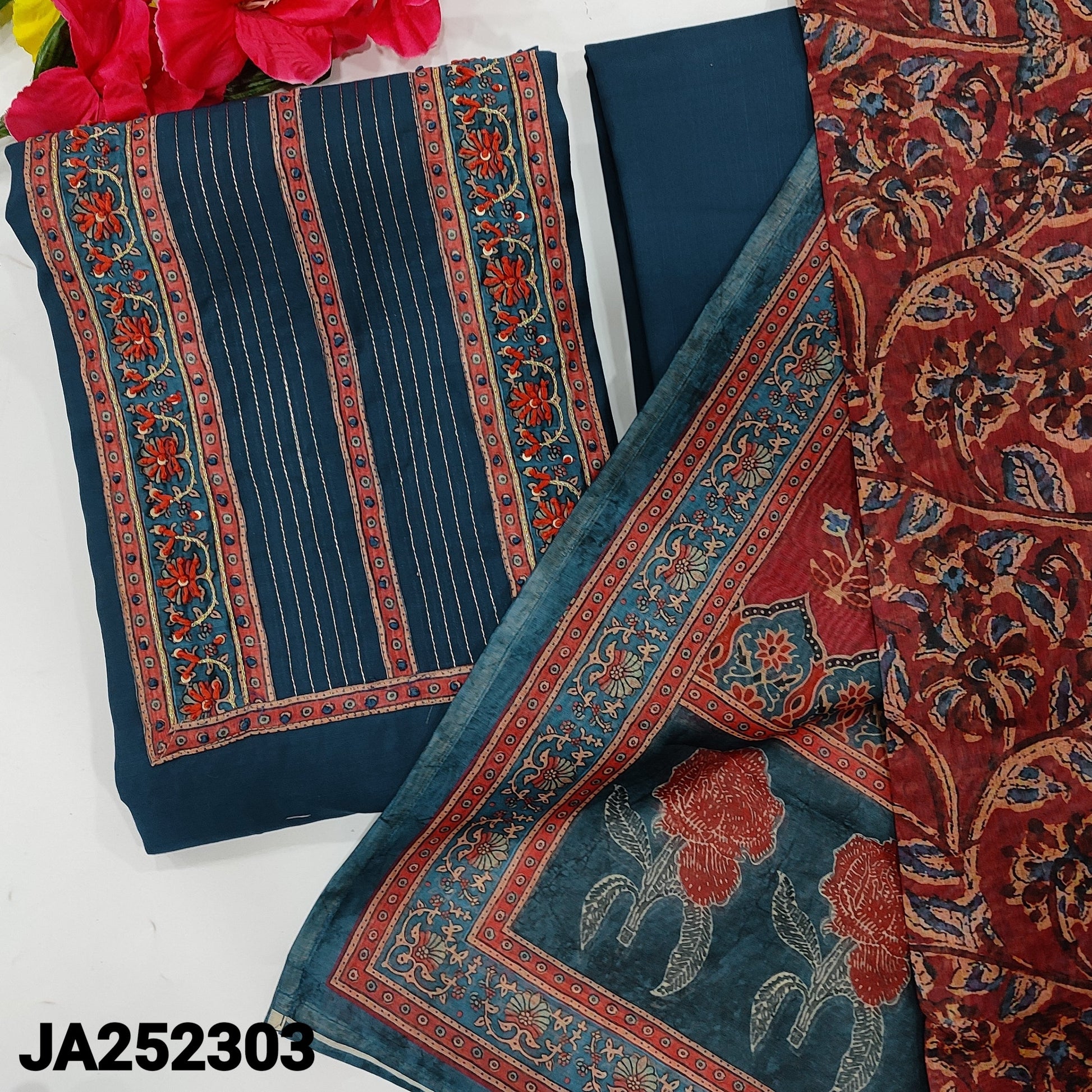 CODE JA252303: Dark blue premium silk cotton unstitched salwar material zari& sequins work on yoke(lining