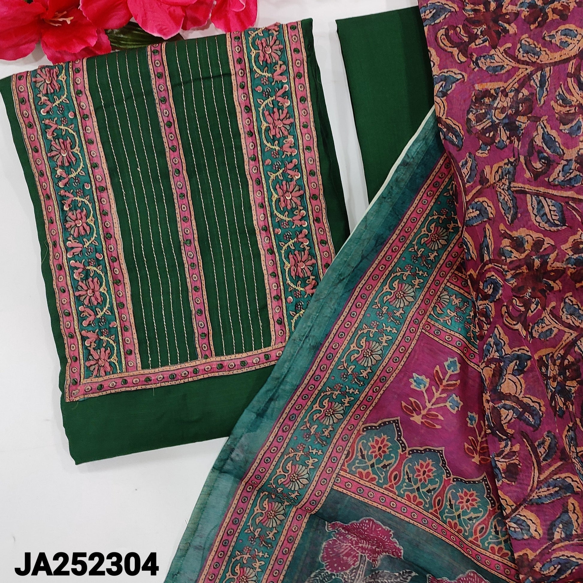 CODE JA252304: Bottle green premium silk cotton unstitched salwar material zari& sequins work on yoke(lining