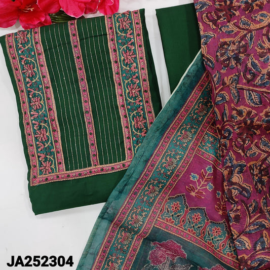 CODE JA252304: Bottle green premium silk cotton unstitched salwar material zari& sequins work on yoke(lining