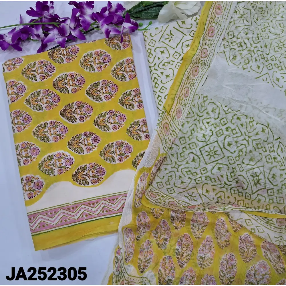 CODE JA252305: Yellow hand block printed premium soft cotton unstitched salwar material(lining needed)block printed