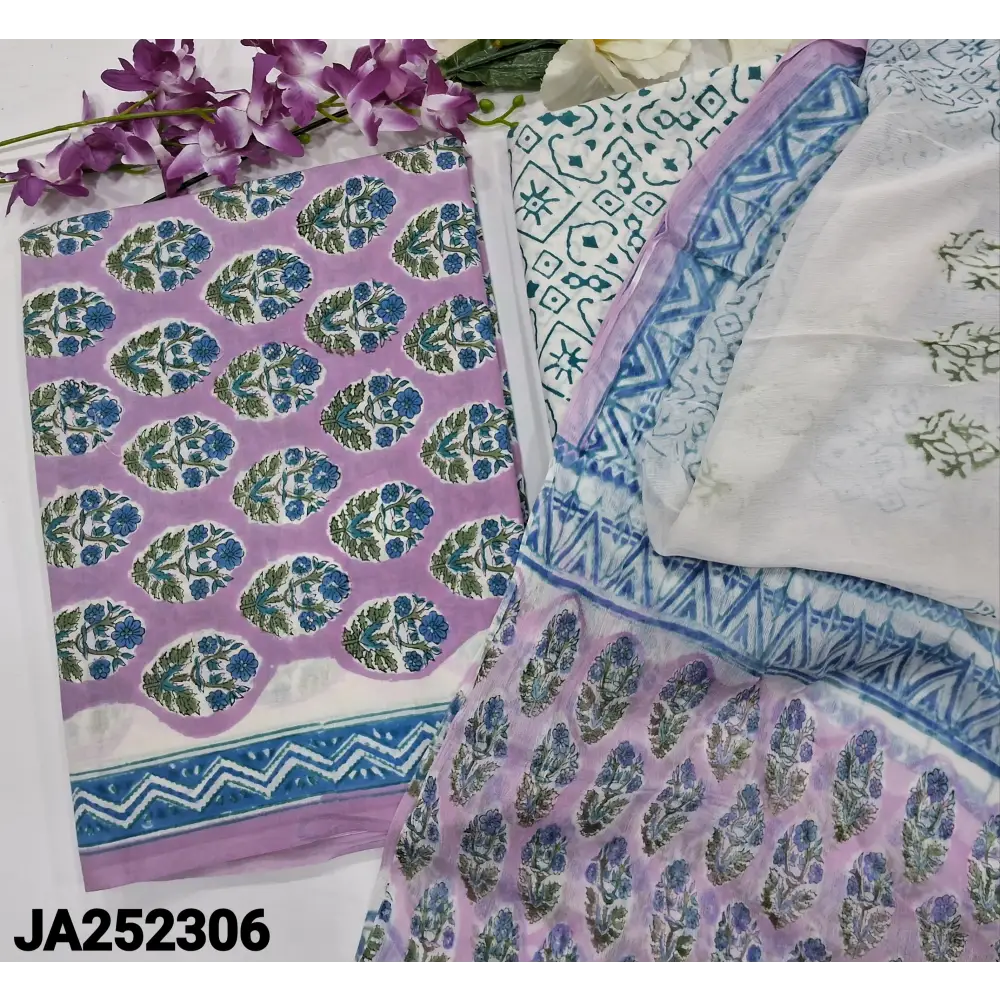 CODE JA252306: Light purplehand block printed premium soft cotton unstitched salwar material(lining needed)block