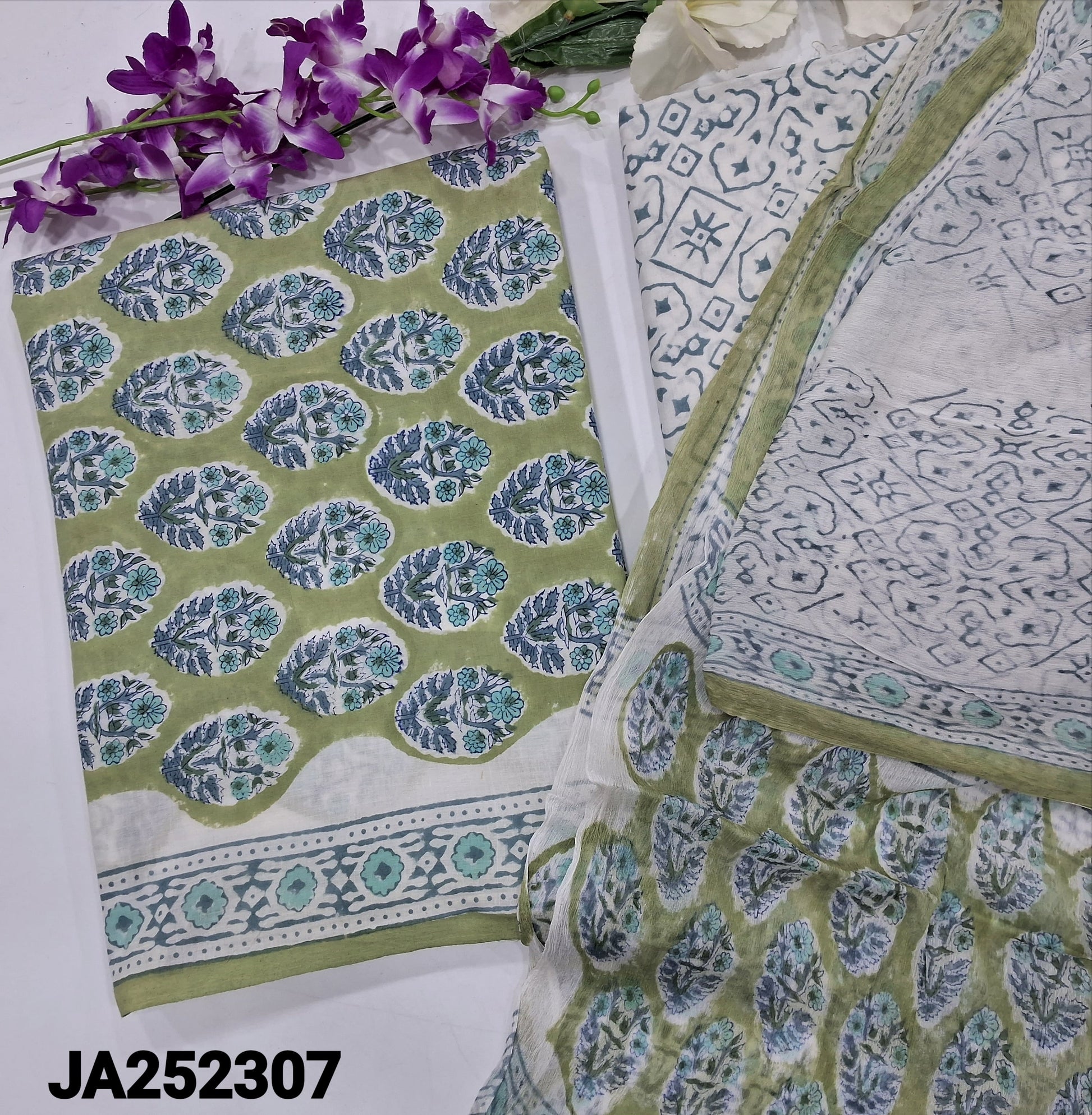 CODE JA252307: Sage green hand block printed premium soft cotton unstitched salwar material(lining needed)block printed