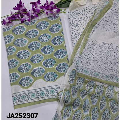 CODE JA252307: Sage green hand block printed premium soft cotton unstitched salwar material(lining needed)block printed
