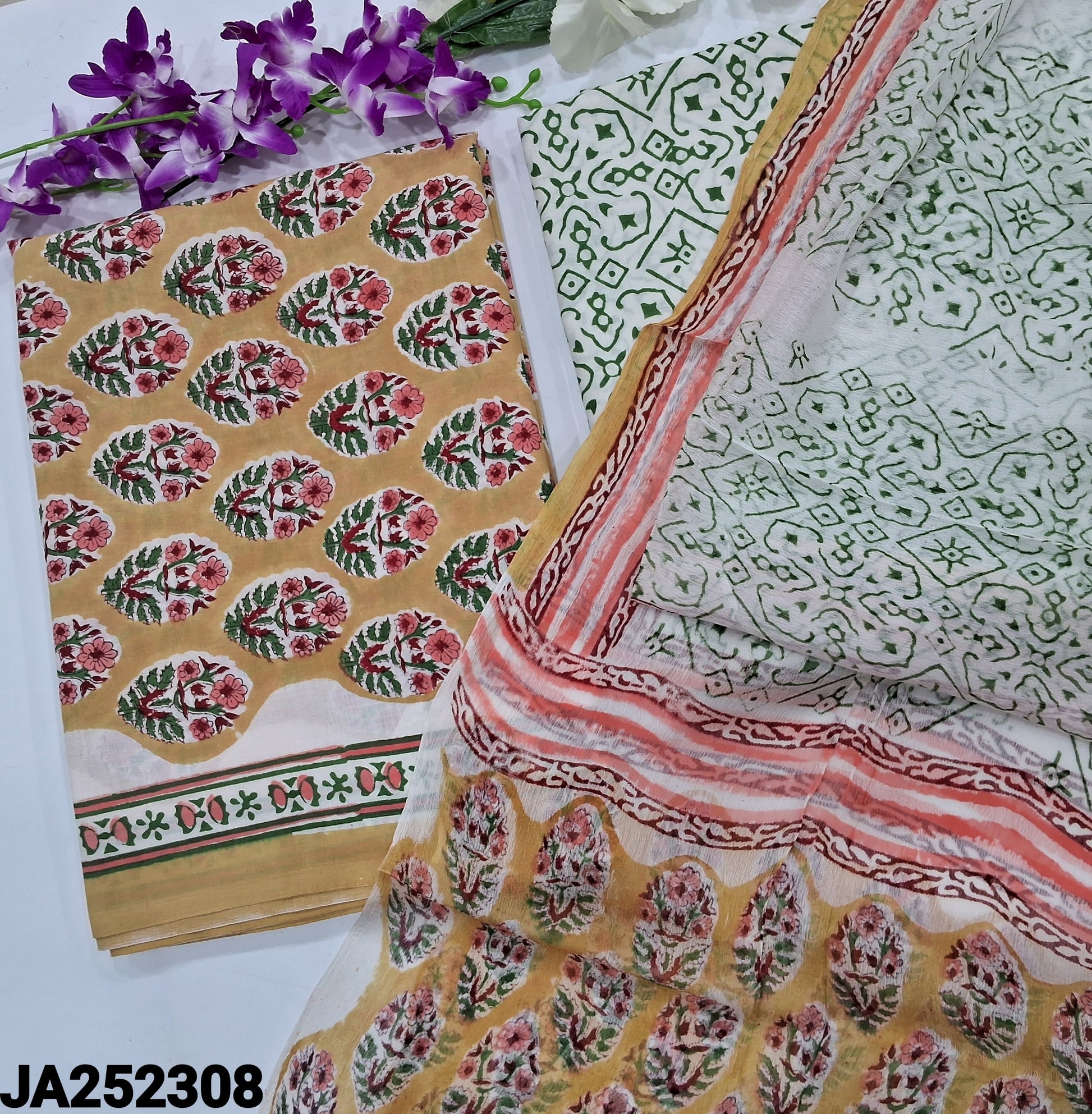 CODE JA252308: Beige hand block printed premium soft cotton unstitched salwar material(lining needed)block printed