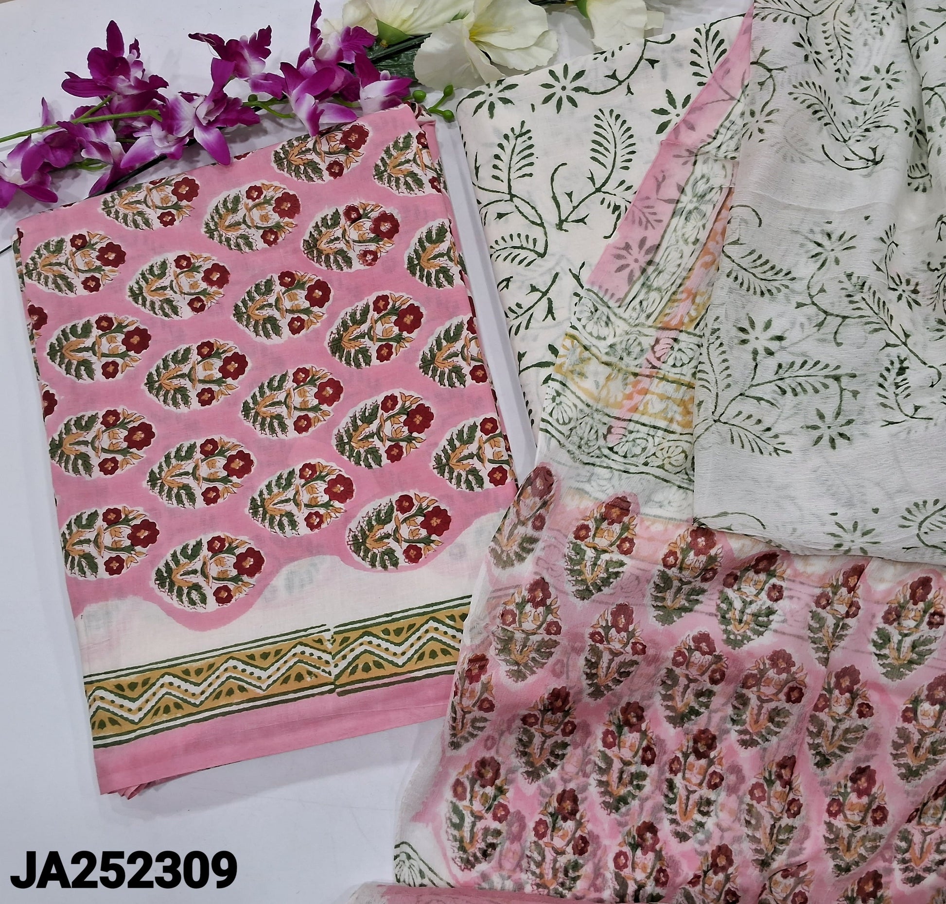 CODE JA252309: Pastel pink hand block printed premium soft cotton unstitched salwar material(lining needed)block