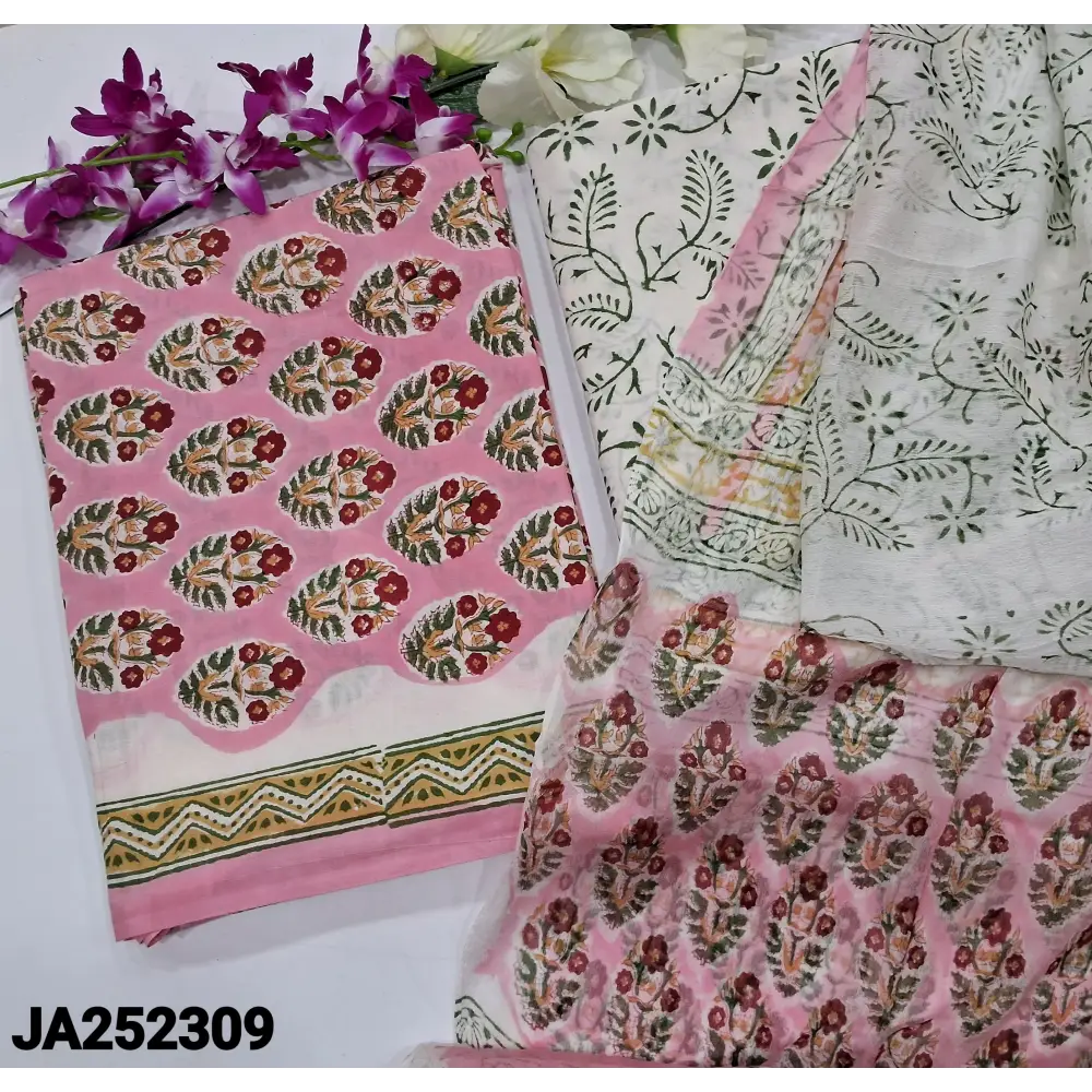 CODE JA252309: Pastel pink hand block printed premium soft cotton unstitched salwar material(lining needed)block