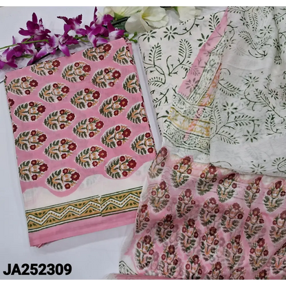 CODE JA252309: Pastel pink hand block printed premium soft cotton unstitched salwar material(lining needed)block