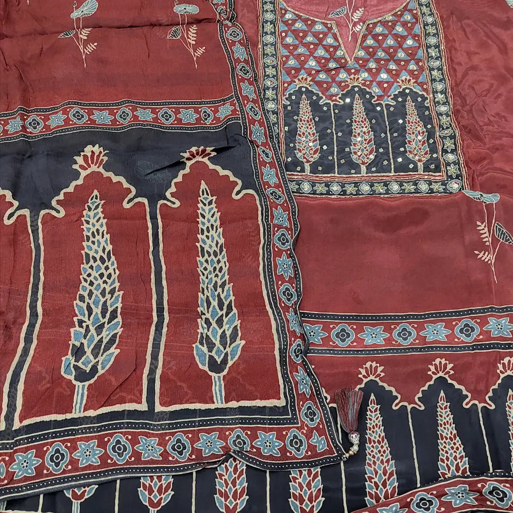 CODE JA252311: Dark maroon digital printed premium russian silk unstitched salwar material heavy sequins& zari work