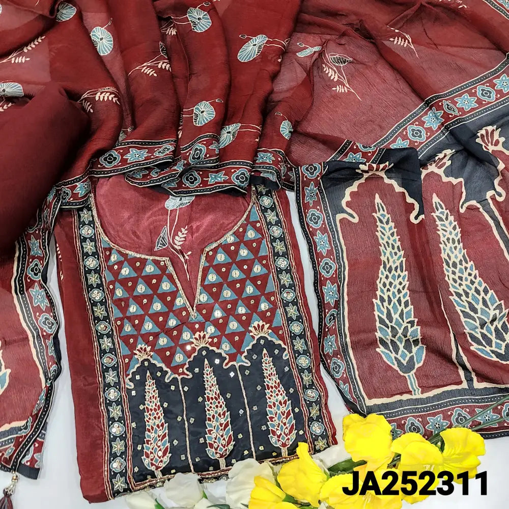 CODE JA252311: Dark maroon digital printed premium russian silk unstitched salwar material heavy sequins& zari work