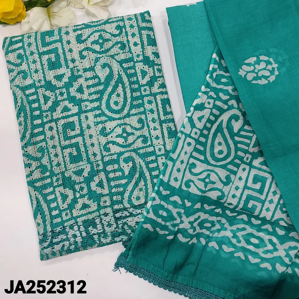 CODE JA252312: Turquoise blue batik dyed schiffli embroidered pure cotton unstitched salwar material(lining