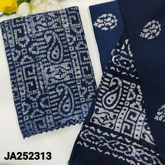 CODE JA252313: Dark blue batik dyed schiffli embroidered pure cotton unstitched salwar material(lining needed)batik