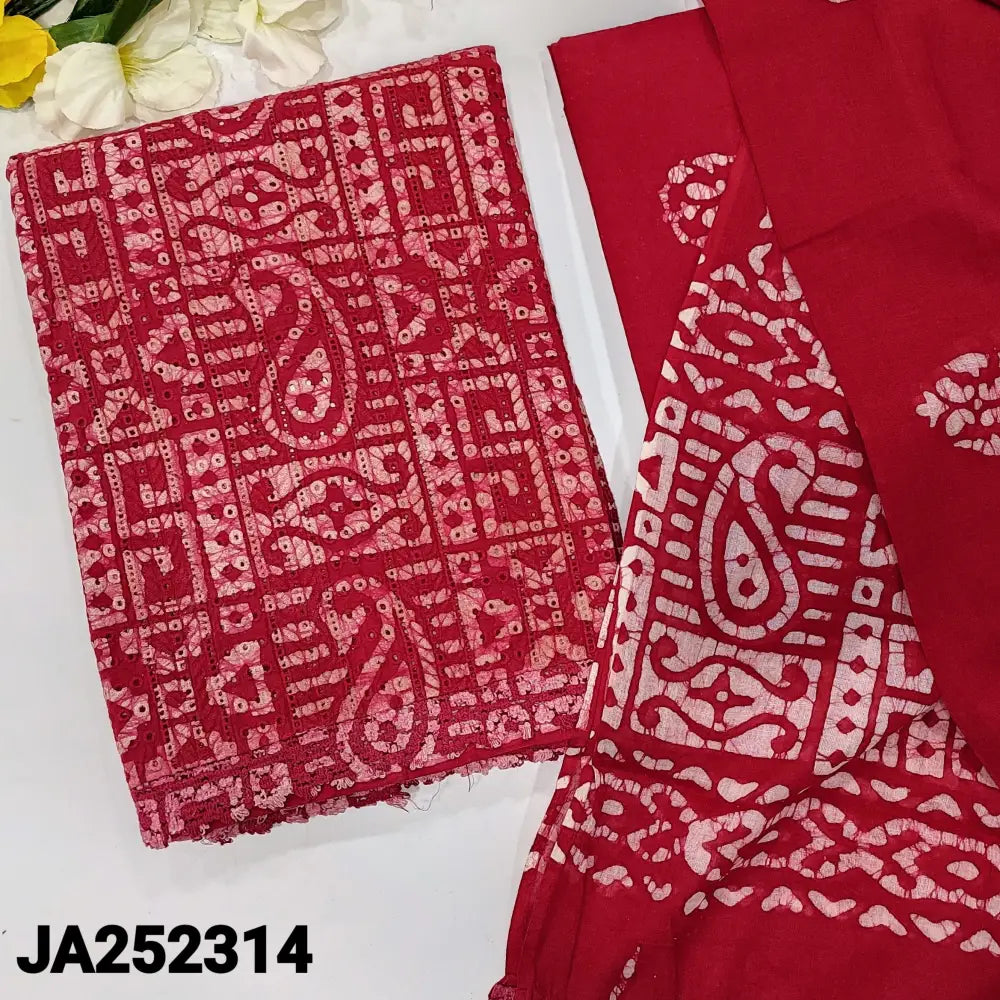 CODE JA252314: Dark pink batik dyed schiffli embroidered pure cotton unstitched salwar material(lining needed)batik