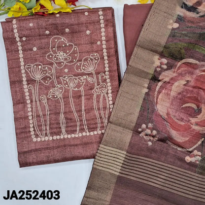 CODE JA252403: Dark onion pink designer abstract printed jute silk unstitched salwar material zari& sequins work